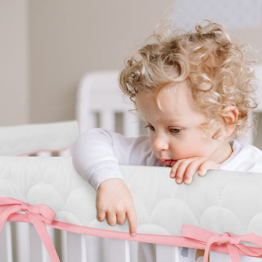 3 Pieces Quilted Crib Rail Cover - Protector Safe Teething Guard Wrap, Reversible, Fit Side and Front Rails, Pink & White