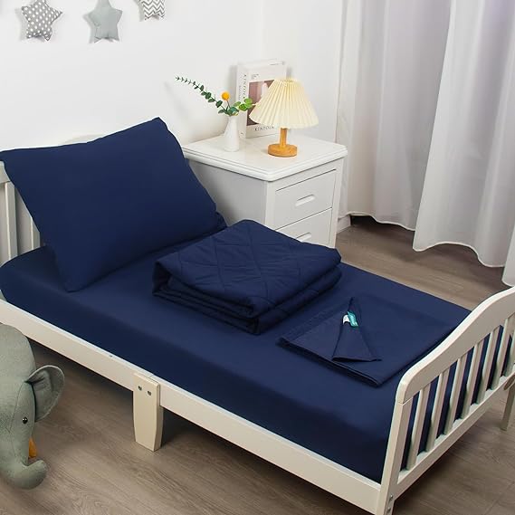 Toddler Bedding Set - 4 Pieces, Includes a Quilted Comforter, Crib Fitted Sheet, Flat Sheet and Envelope Pillowcase, Soft and Breathable, Navy - Biloban Online Store