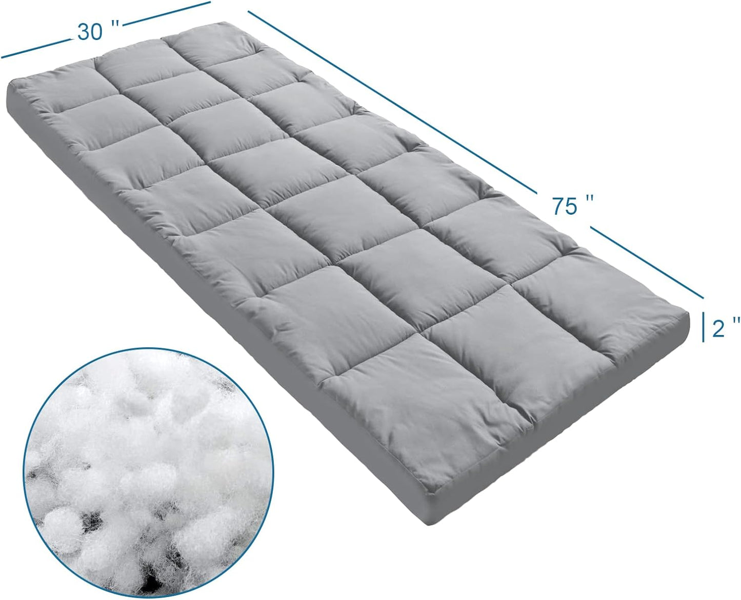 Quilted Cot Mattress Topper - 75" x 30", Soft and Thicker Cot Pad Only, for Camping Cot/Rv Bunk/Narrow Twin Beds, Grey