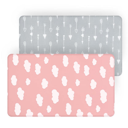 Pack n Play Sheet | Mini Crib Sheet - 2 Pack, Ultra Soft Microfiber, Fits Graco Pack and Play, PInk Cloud & Grey Arrow, Preshrunk - Biloban Online Store