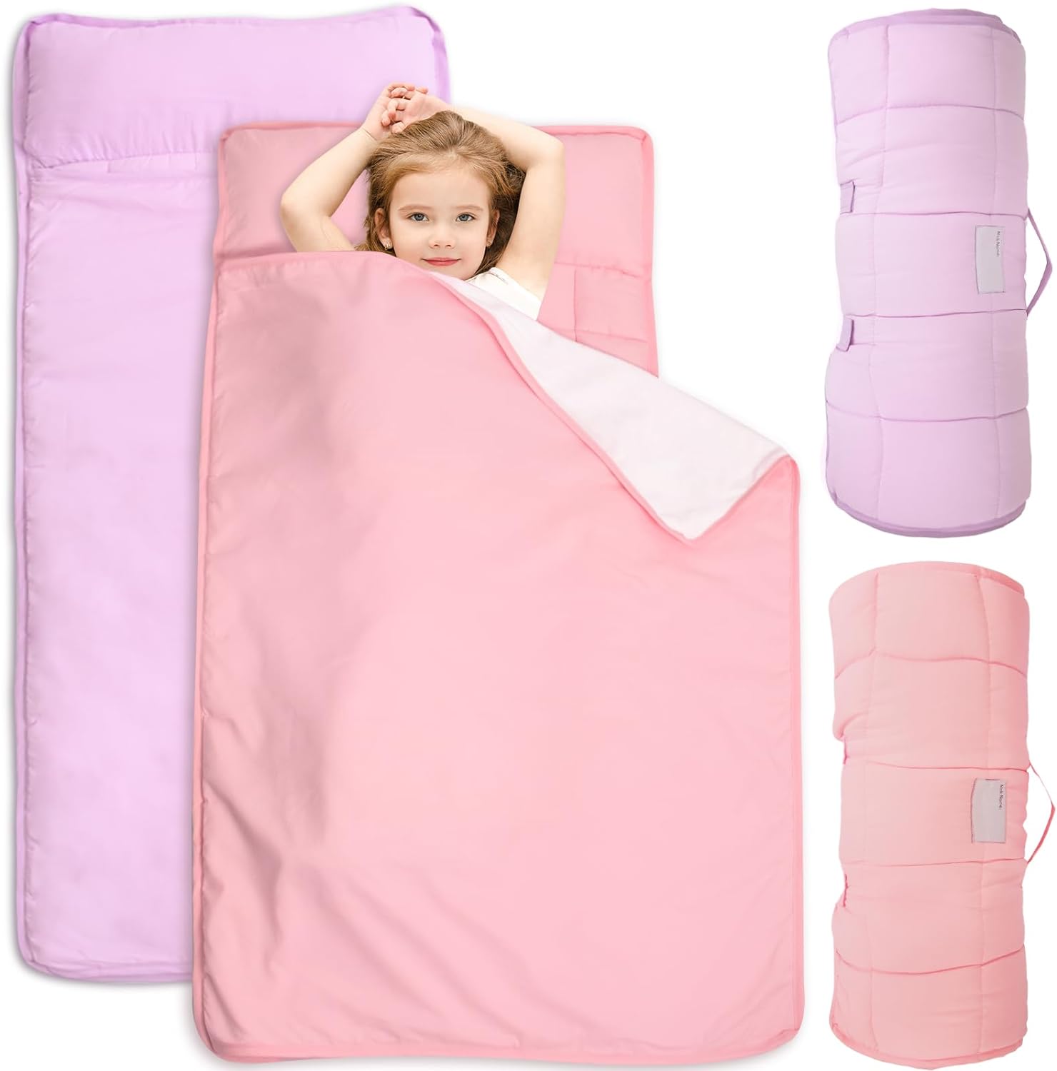 2 Pack Toddler Nap Mat with Pillow and Blanket 50" x 21", Nap Mat for Boys Girls Super Soft and Cozy, Kids Sleeping Bag for Preschool, Daycare, Toddler Sleeping Bag, Pink & Lavander - Biloban Online Store