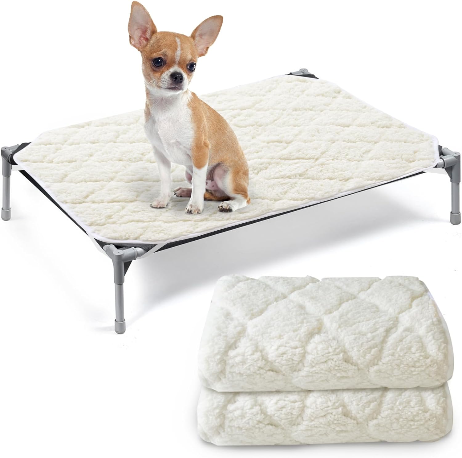 Elevated Dog Bed Pad Waterproof 2 Pack Soft Plush Dog Pet Pad for Dog Cot Bed Machine Washable Dog Cat Beds Pad with Corner Straps