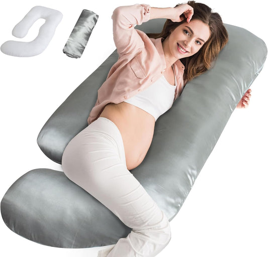 Pregnancy Pillows with Cooling Satin Cover, U Shaped Full Body Maternity Pillow with Removable Cover for Sleeping - Biloban Online Store