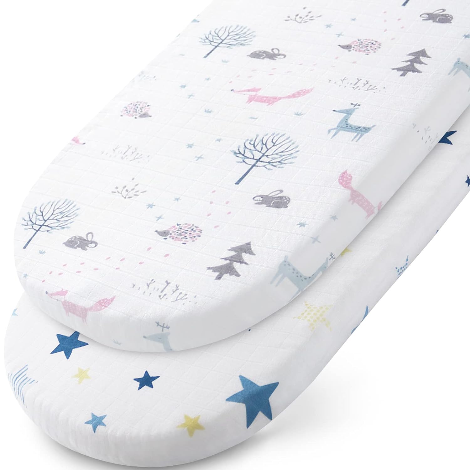 Shop by Size - Muslin Bassinet Sheet, 2 Pack, Ultra Soft and Breathable Bamboo and Cotton, Oval, Star & Fox - Biloban Online Store