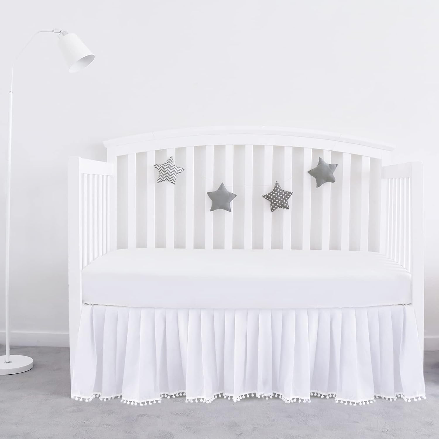 Crib Skirt Dust Ruffle with Lovely Pompoms 14 Drop Grey for Stan