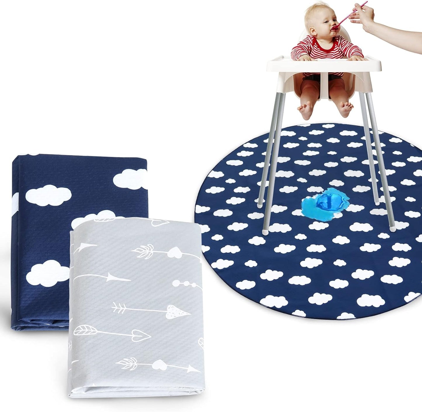 Splat Mat - Round 42"x42", 2 Pack, Waterproof, For Under High Chair & Arts & Crafts & Eating Mess, Anti-Slip & Reusable & Portable, Grey Arrow & Navy Cloud - Biloban Online Store