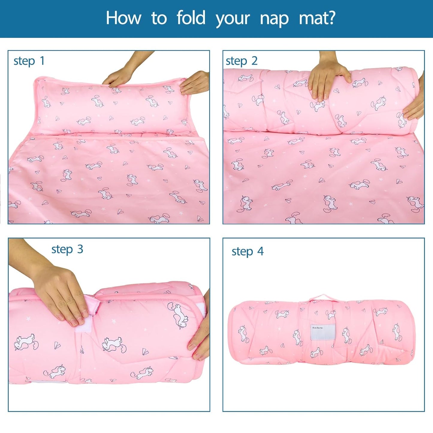 Toddler Nap Mat with Pillow and Blanket 50" x 21", Nap Mat for Boys Girls Super Soft and Cozy, Kids Sleeping Bag for Preschool, Daycare, Toddler Sleeping Bag, Pink Horse