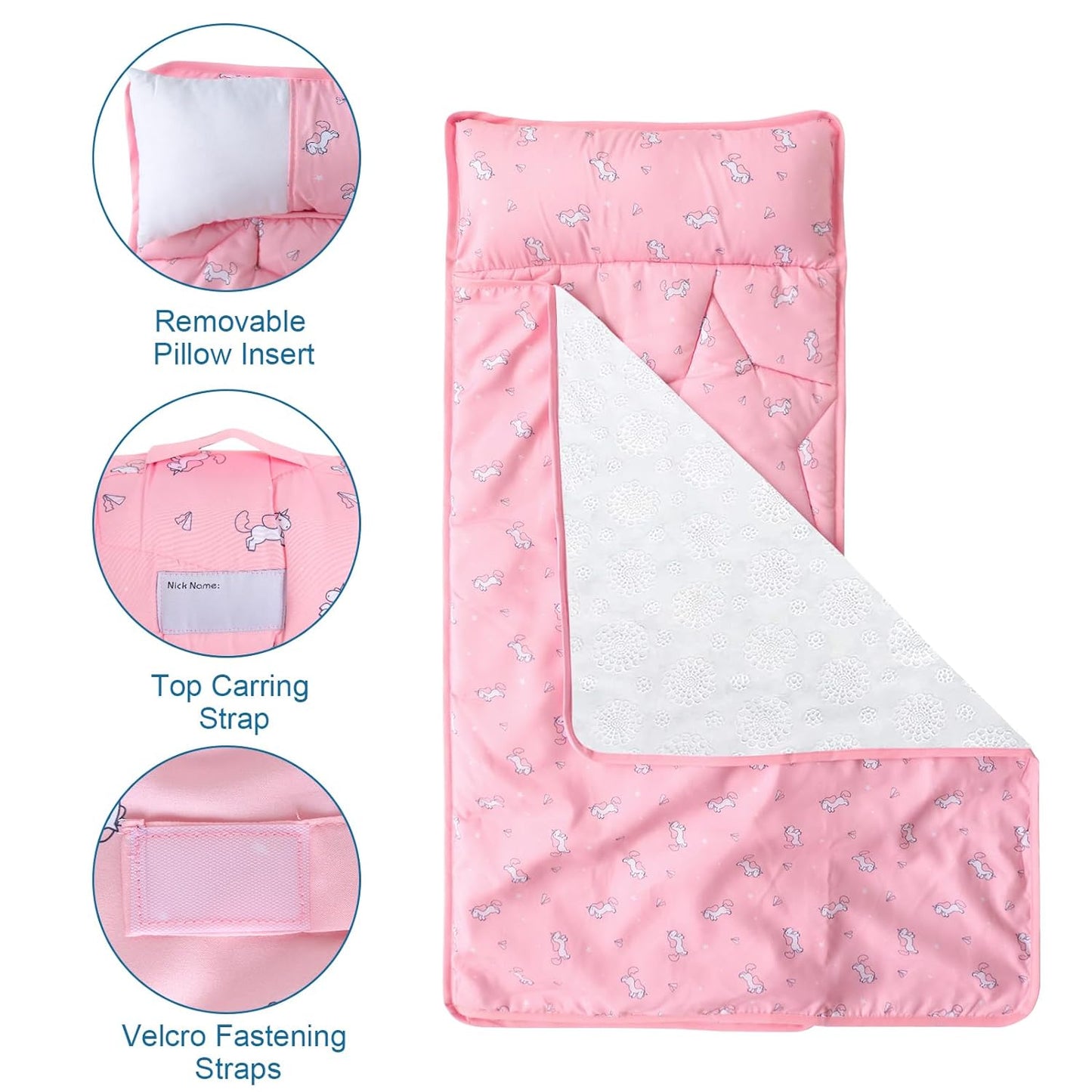 2 Pack Toddler Nap Mat with Pillow and Blanket 50" x 21", Nap Mat for Boys Girls Super Soft and Cozy, Kids Sleeping Bag for Preschool, Daycare, Toddler Sleeping Bag, Pink