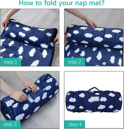 Nap Mat with Removeble Pillow and Fleece Blanket for Regalo My Cot/Joovy Travel Cot, Super Soft & Skin Friendly, Perfect Kids Sleeping Mats/Sleeping Bag for Preschool Daycare Boys and Girls, Navy Cloud