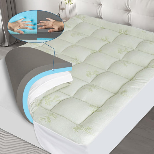 Bamboo Pillow Top 4.5” Dual Layer Mattress Topper, 2.7" Extra Thick Soft Plush Mattress Pad & 0.6" Gel Memory Foam & 1.2" Firm Foam for Back Support - Biloban Online Store