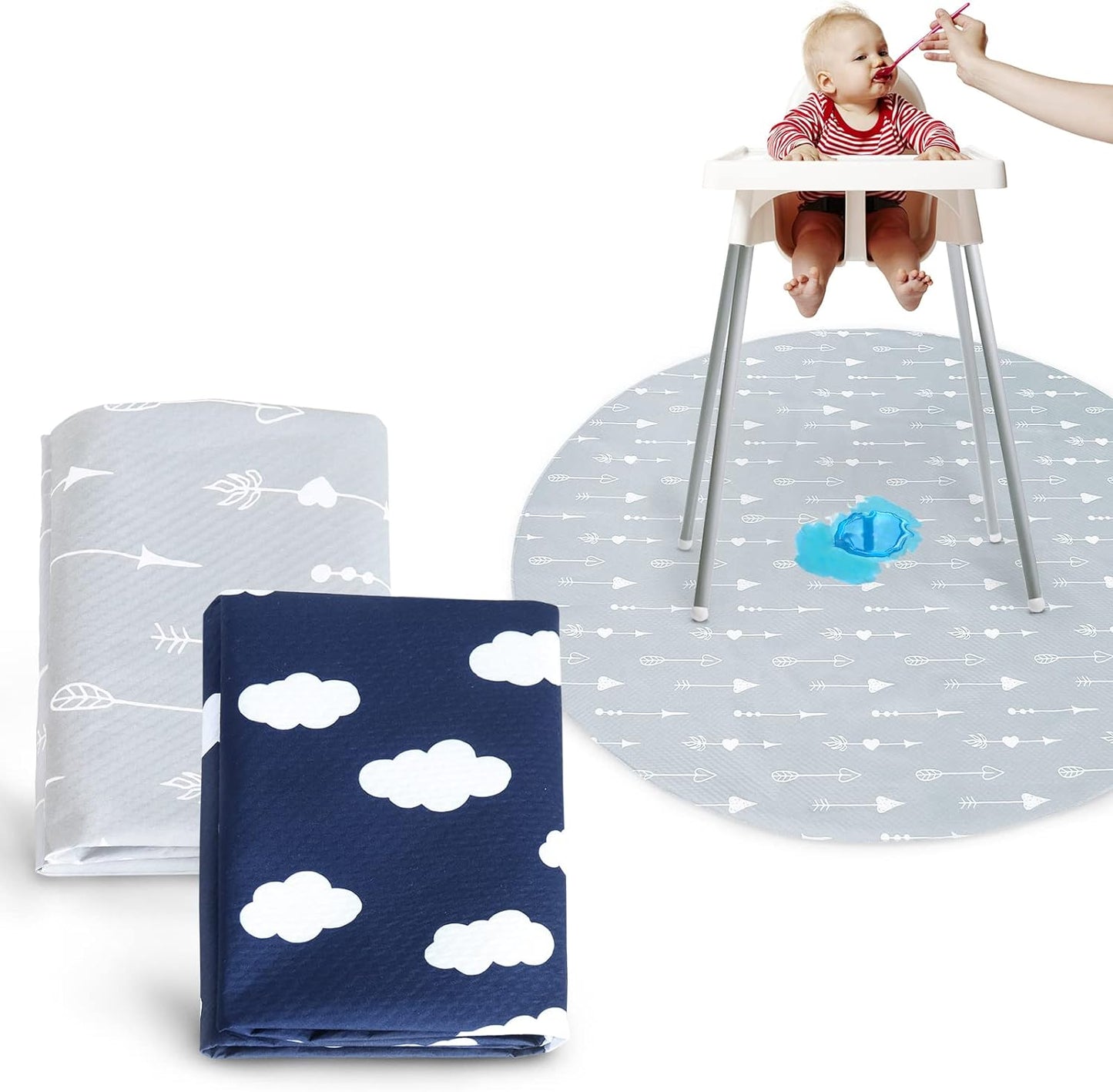 Splat Mat - Round 42"x42", 2 Pack, Waterproof, For Under High Chair & Arts & Crafts & Eating Mess, Anti-Slip & Reusable & Portable, Grey Arrow & Navy Cloud