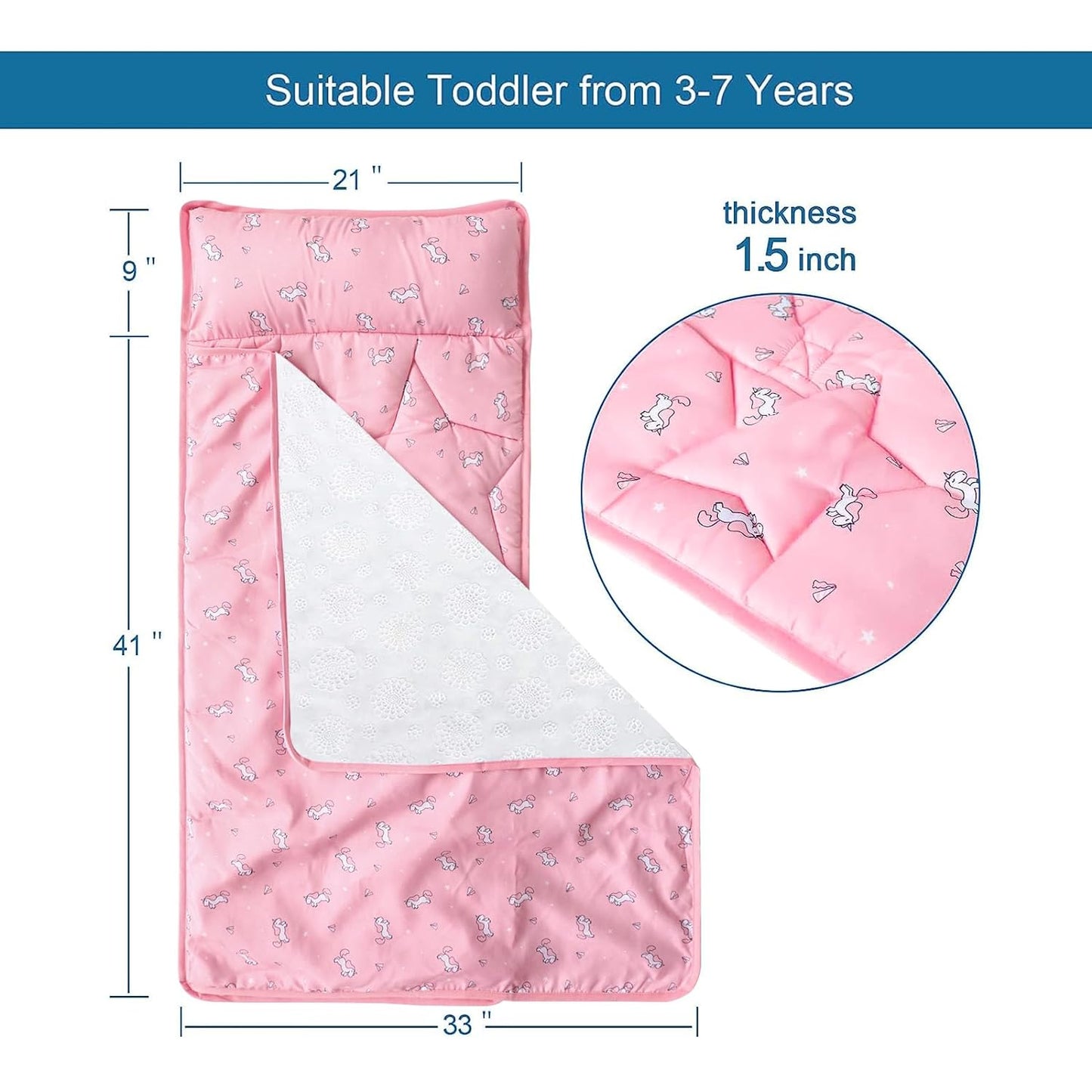 Toddler Nap Mat with Pillow and Blanket 50" x 21", Nap Mat for Boys Girls Super Soft and Cozy, Kids Sleeping Bag for Preschool, Daycare, Toddler Sleeping Bag, Pink Horse