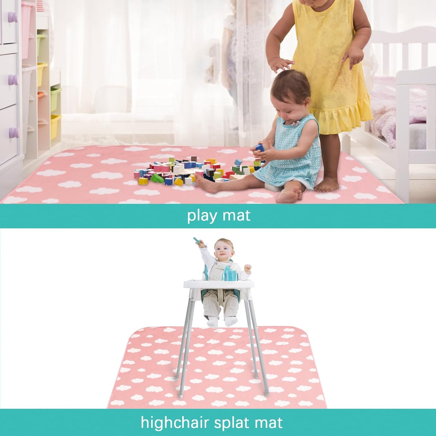 Splat Mat - 2 Pack, Waterproof, For Under High Chair & Arts & Crafts & Eating Mess, Anti-Slip & Reusable & Portable, Grey Arrow & Pink Cloud