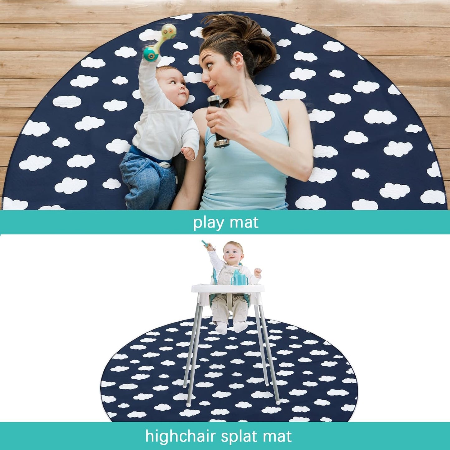 Splat Mat - Round 42"x42", 2 Pack, Waterproof, For Under High Chair & Arts & Crafts & Eating Mess, Anti-Slip & Reusable & Portable, Grey Arrow & Navy Cloud