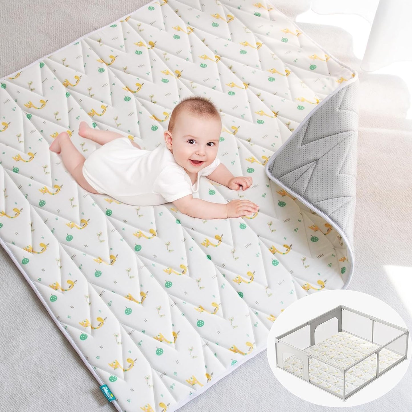 Muslin Baby Play Mat | Playpen Mat - Large Padded Foam Tummy Time Activity Mat for Infant & Toddler