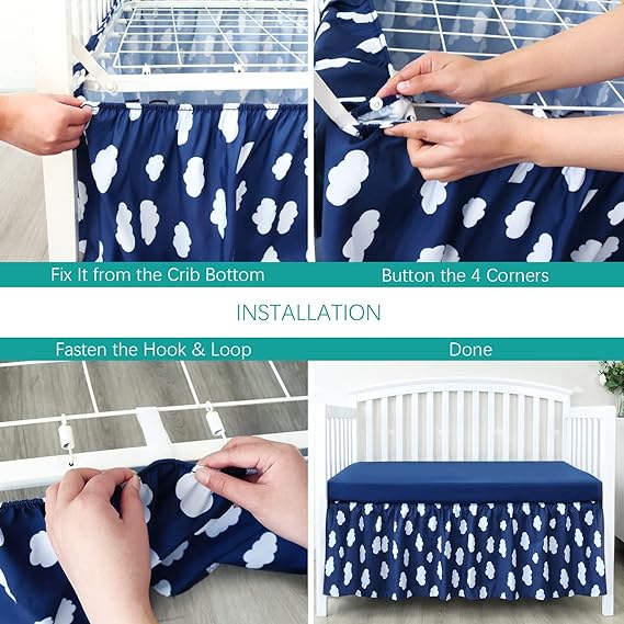 Crib Skirt Dust Ruffle Elastic Adjustable Fit Easy On Off 14 Drop Navy Cloud FOR Standard Crib Toddler Bed