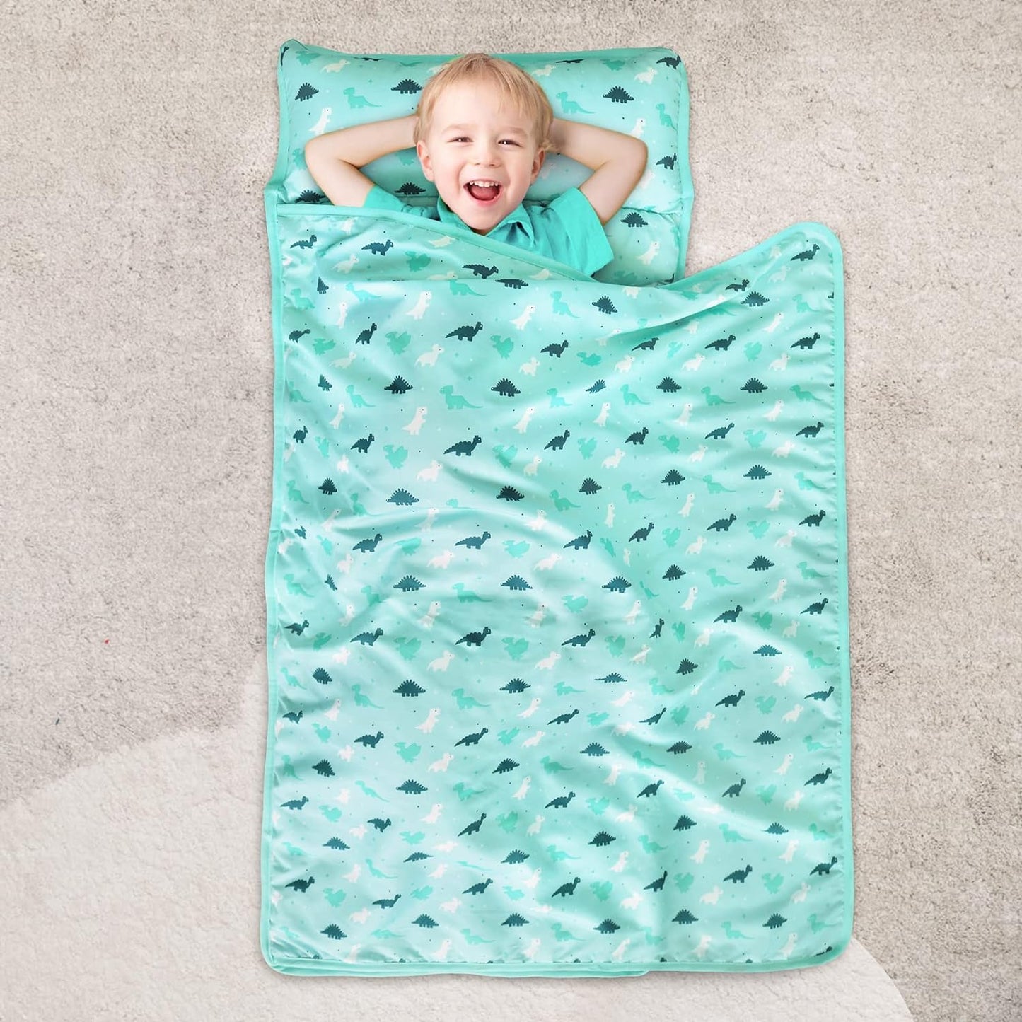 Toddler Nap Mat with Pillow and Blanket 50" x 21", Nap Mat for Boys Girls Super Soft and Cozy, Kids Sleeping Bag for Preschool, Daycare, Toddler Sleeping Bag, Blue Dinosaur