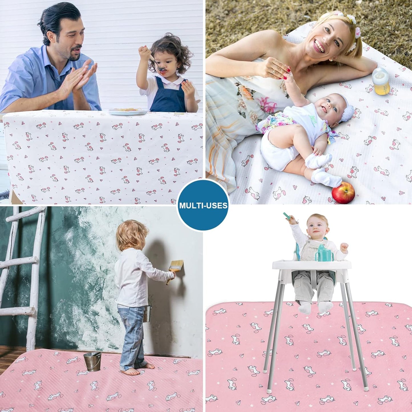 Splat Mat - 2 Pack, Waterproof, For Under High Chair & Arts & Crafts & Eating Mess, Anti-Slip & Reusable & Portable, Pink & White Horse