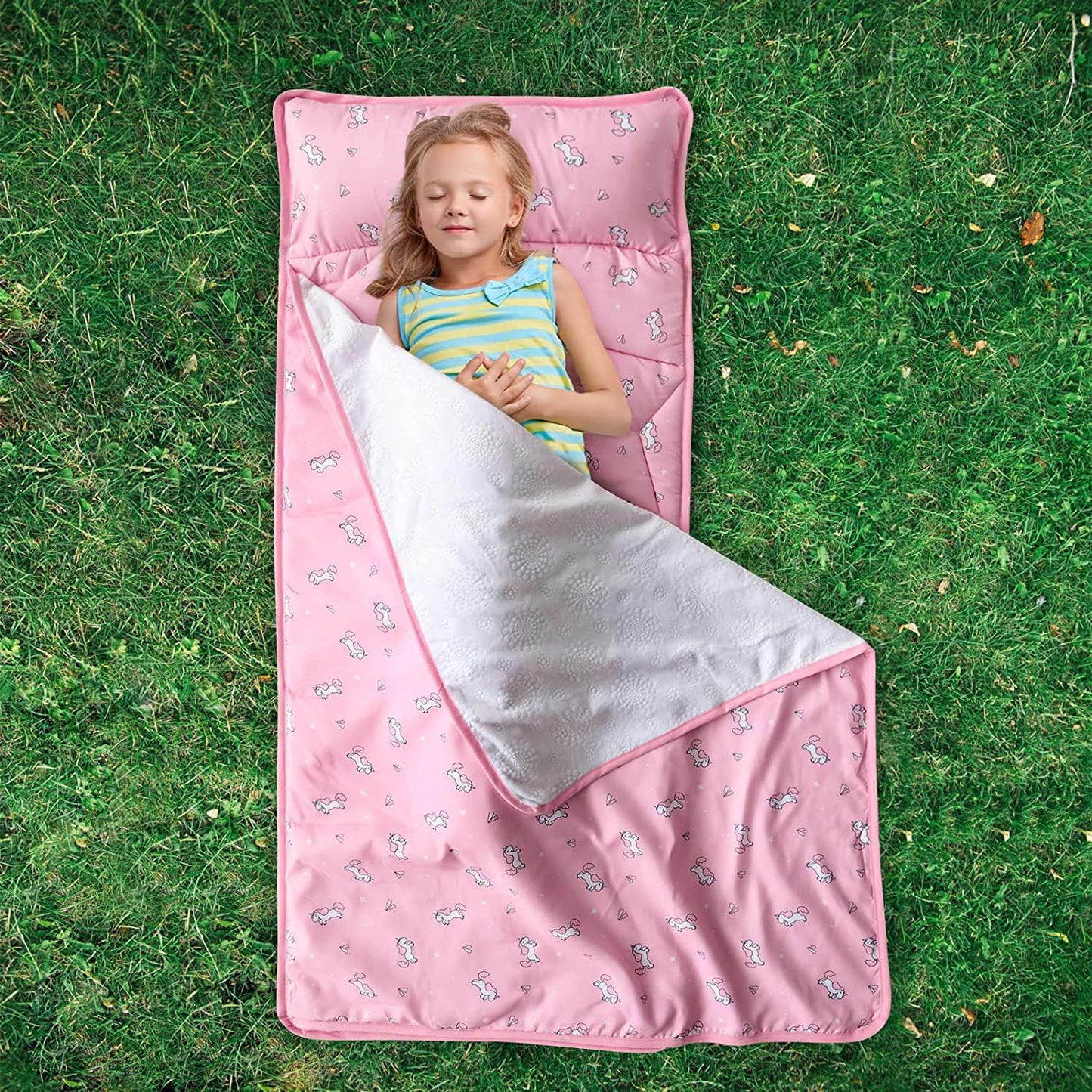 Toddler Nap Mat with Pillow and Blanket 50" x 21", Nap Mat for Boys Girls Super Soft and Cozy, Kids Sleeping Bag for Preschool, Daycare, Toddler Sleeping Bag, Pink Horse