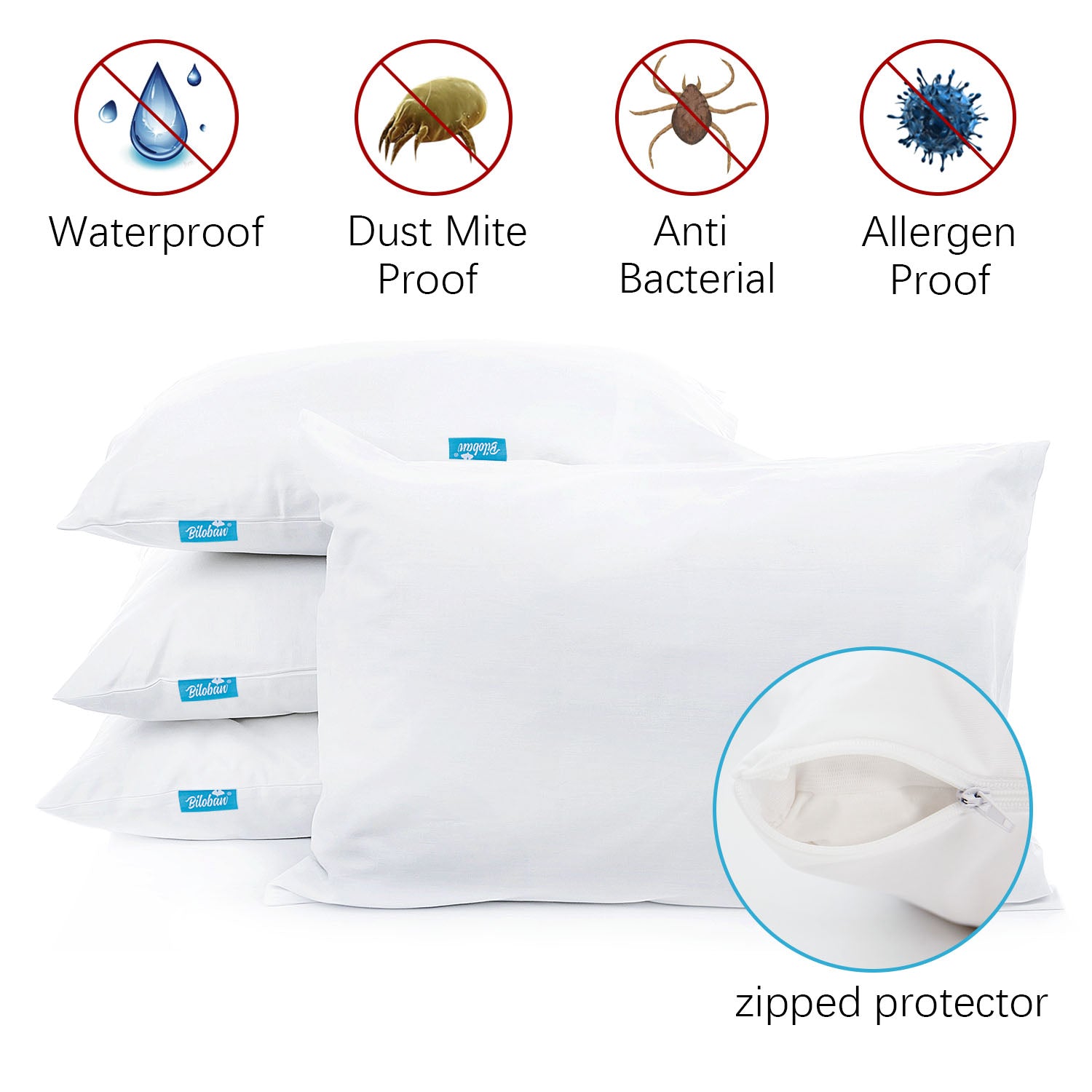 4 Pack Pillow Protectors - Polyester Knitted Fabric, Zippered,100% Wat
