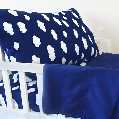 Toddler Bedding Set - 3 Pieces, Includes a Crib Fitted Sheet, Flat Sheet and Envelope Pillowcase, Soft and Breathable, Navy Cloud